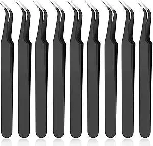 Honoson 9 Pieces Curved Pointed Craft Tweezers Stainless Steel Precision Tweezer with Protective Cover for Rhinestones Dried Flowers Craft Stickers Eyelash Extension Jewelry Making(Black)