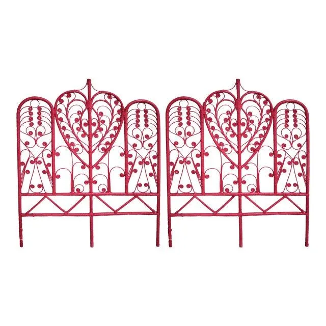 Mid Century Boho Rattan Heart Motif Twin Headboards - a Pair