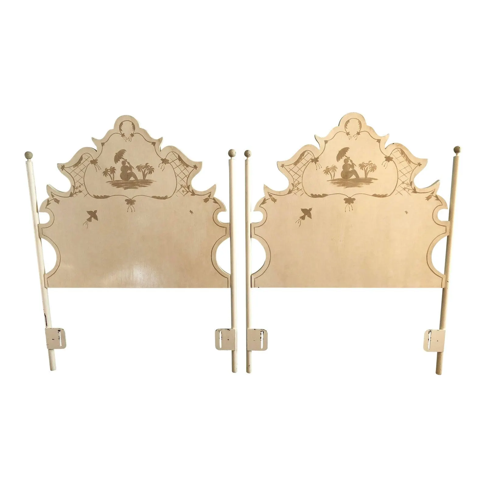 Hand-Painted Chinoiserie Pagoda Tole Twin Headboards - A Pair