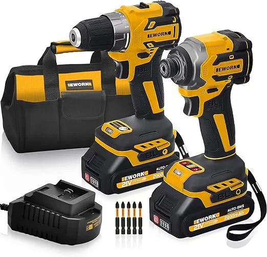 EWORK Compact Cordless Drill and Impact Driver Combo Kit 21V Brushless Power Tool Set with (2) 2.0Ah Batteries and Fast Charger, Tool Bag (EKC-1018)