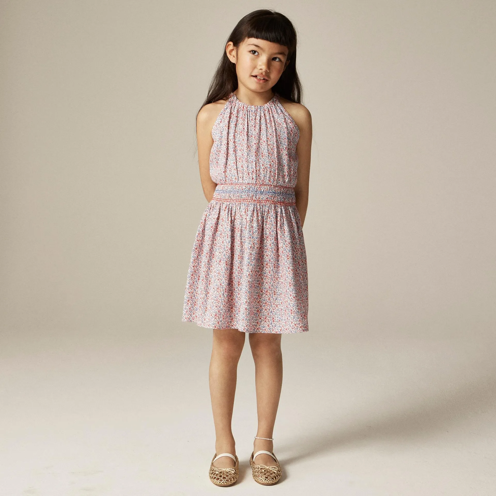 Girls' smocked-waist dress in linen viscose floral