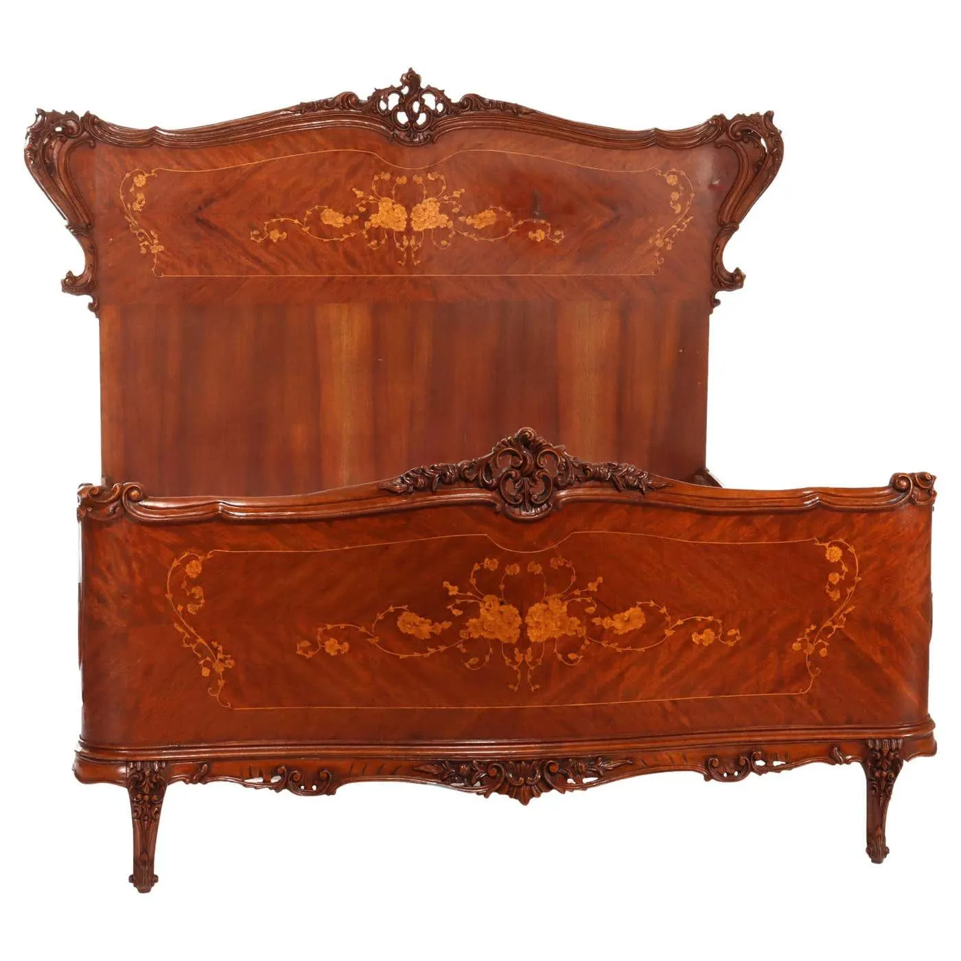 French Carved & Inlaid Kingwood & Satinwood Marquetry King Sized Bed 20thC