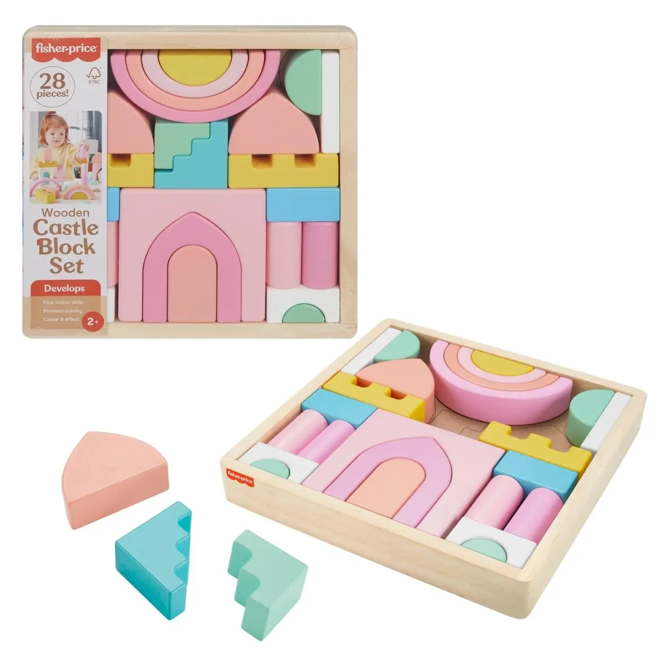 Fisher-Price Wood Toddler Toy Castle Block Set, 28 Wooden Pieces For Stacking Developmental Play Preschool Kids Ages 2+ Years