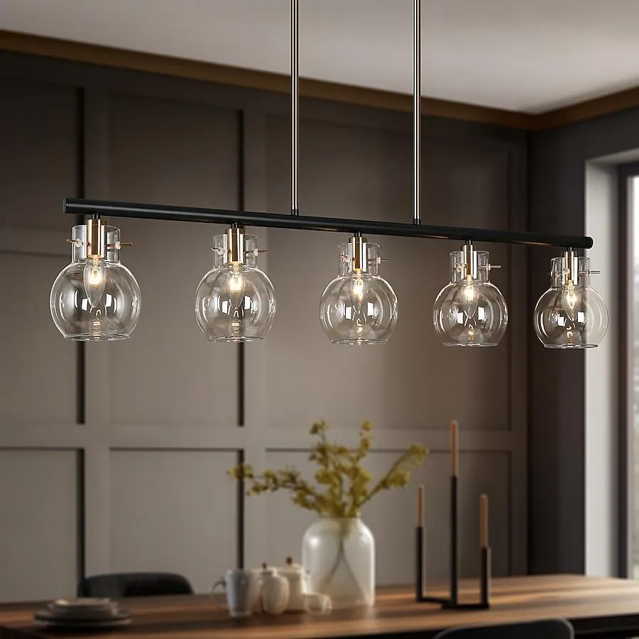 ZEVNI Berton 5 -Light Black and Brass Gold Dining Room Lighting Modern/contemporary Clear glass Linear Large Hanging Kitchen island light