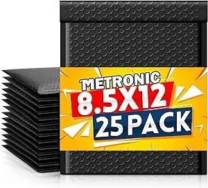Metronic Bubble Mailers 8.5 X 12 Inch 25 Pack Black Usable Size 8.5 x 11 Waterproof Bubble Mailer Self Seal Padded Envelopes Cushioning for Christmas Gift Packaging, Mailing, Shipping, Small Business