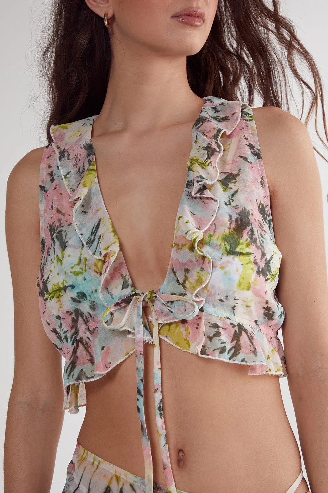 Tie Dye Ruffle Tie Front Beach Top