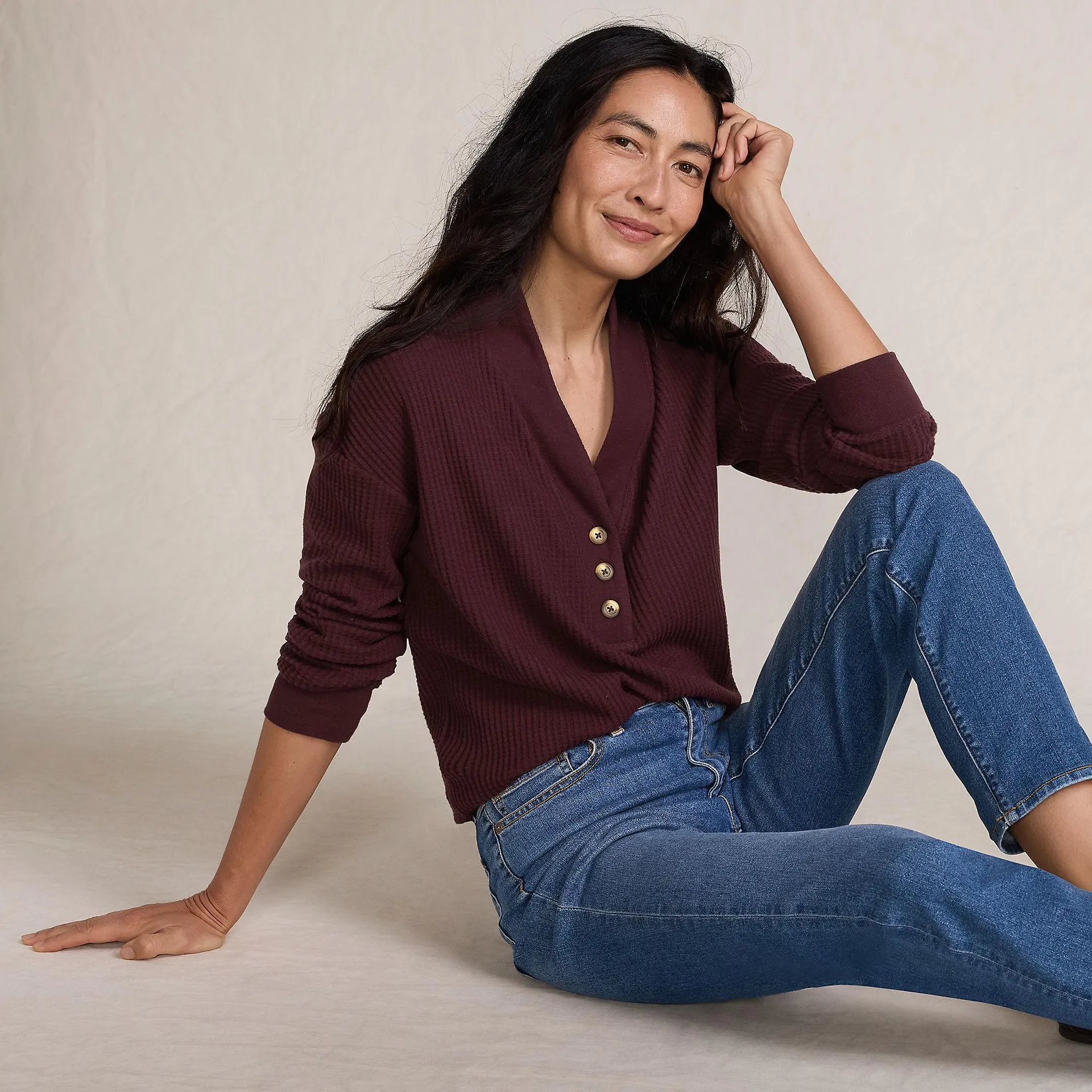 Women's Long Sleeve Waffle Shawl Collar Henley