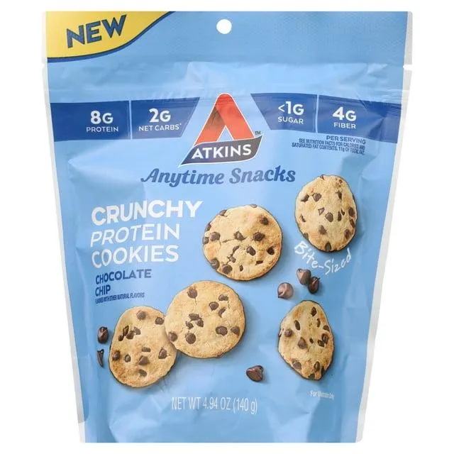 Atkins Crunchy Bite-Sized Protein Cookies, Chocolate Chip, 4.94 oz Resealable Bag