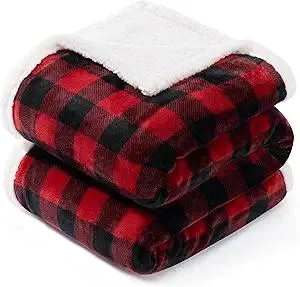 BEAUTEX Christmas Sherpa Fleece Throw Blanket, Super Soft Warm Buffalo Plaid Plush Blankets and Throws, Warm Winter Cozy Fuzzy Blanket for Couch Sofa Bed (Red, 50" x 60")