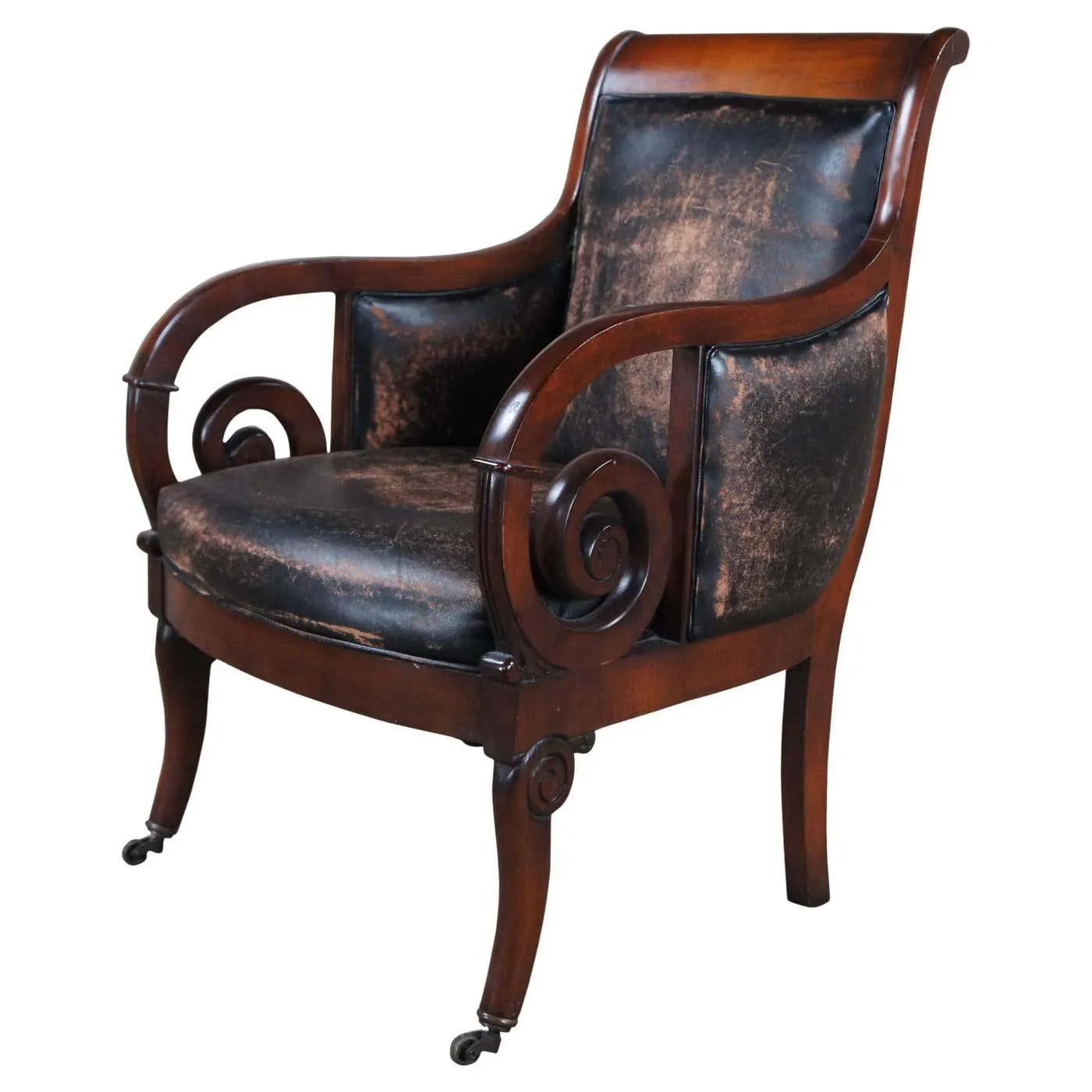 Henredon Mahogany Distressed Leather French Empire Regency Club Lounge Armchair