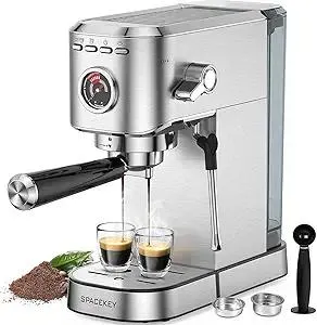 Spacekey Espresso Machine 20 Bar, Professional 1350W Espresso Maker with Milk Frother, Compact Stainless Steel Cappuccino & Latte & Americano Maker with 39oz Removable Water Tank, Silver
