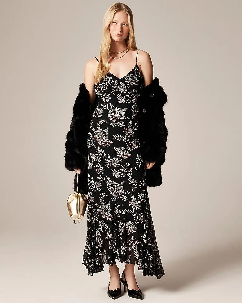 Flounce-hem slip dress in floral chiffon