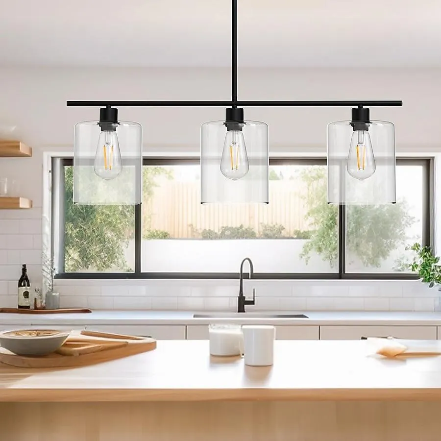 YANSUN 3 -Light Black Modern/contemporary Clear glass Linear Large Hanging Kitchen island light