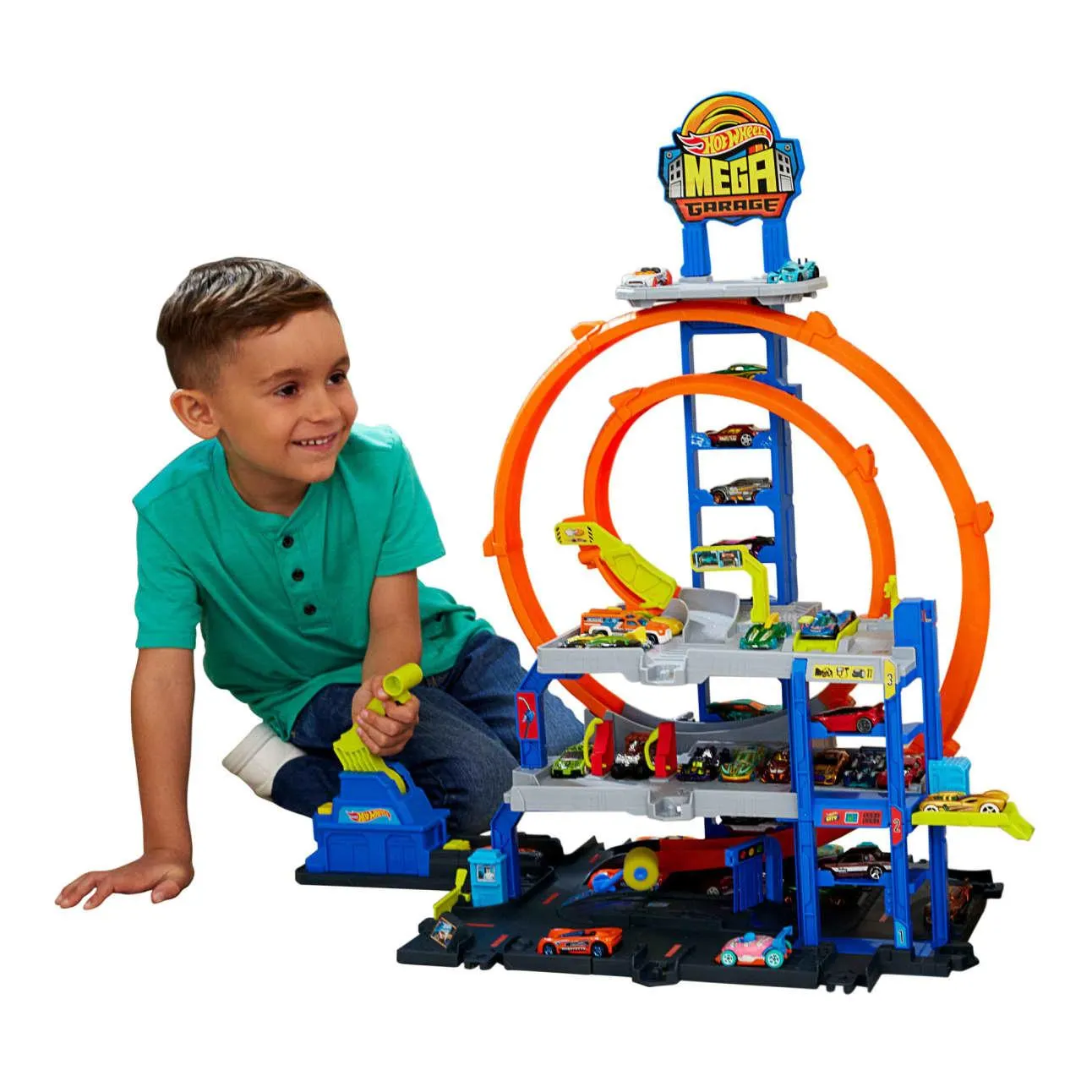 Hot Wheels MEGA Loop Garage Playset With 1 Die-Cast Toy Car & 1 Toy Helicopter in 1:64 Scale
