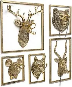 Newinhome Animal Heads Wall Decor (5pcs, Includes Metal Frame) Resin Animals Sculptures Head Wall Hanging Decoration Gold vintage Wall Sculpture for Living Room Bedroom Office