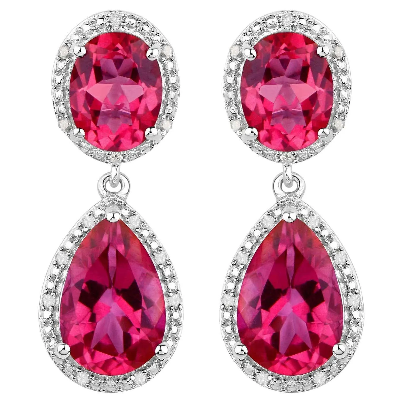 Hot Pink Topaz Earrings Diamond Setting 11.35 Carats Total