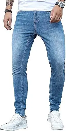 HUNGSON Men's Blue Slim Fit Jeans Stretch Destroyed Ripped Skinny Jeans Side Striped Denim Pants