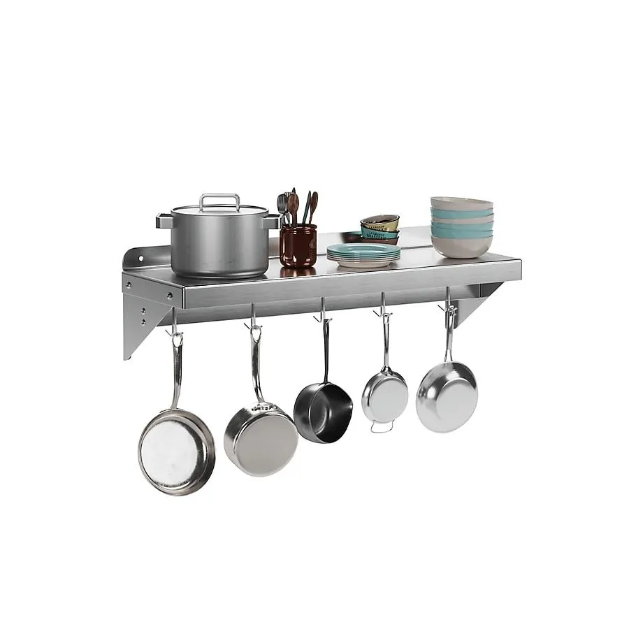 Qeetex Stainless Steel Wall Mount Shelf 12 X 24 Inch. NSF Certified Shelf With 5 Hooks. 180 Lb Load Capacity Floating Shelf Kitchen Storage Racks Commercial Shelves For Restaurant. Hotel And Garage