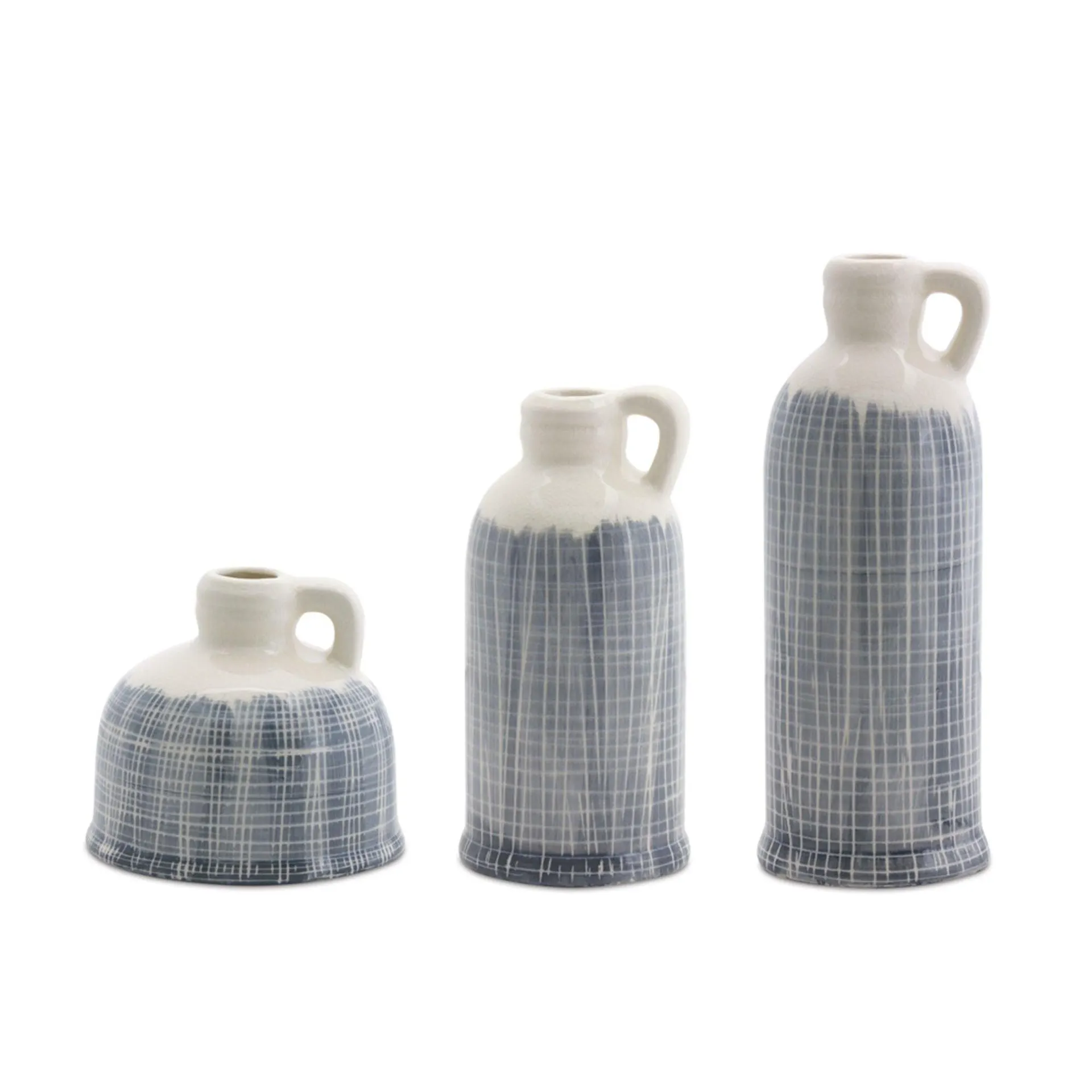 Terra Cotta Jug Vase with Navy Criss Cross Pattern, Set of 3