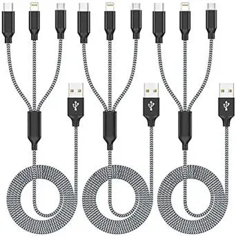 Multi Charging Cable 3Pack 4FT Multiple Charger Cable Rapid Nylon Braided Cord USB Charging Cable 3 in 1 Multi Phone Charger Cord with Type C Micro Lightning USB Connectors for Cell Phones
