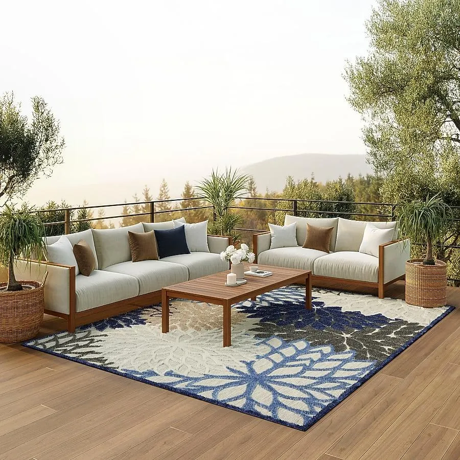 Nourison Aloha 8 x 11 (ft) Loomed Blue Rectangular Indoor/Outdoor Floral/Botanical Farmhouse/Cottage Area rug