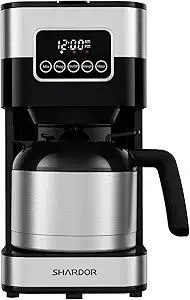 SHARDOR 8-Cup Programmable Coffee Maker with Thermal Carafe, Touchscreen Drip Coffee Machine with Timer, Regular & Strong Brew Options, Pause & Serve, Auto Shut-Off, Black & Stainless Steel