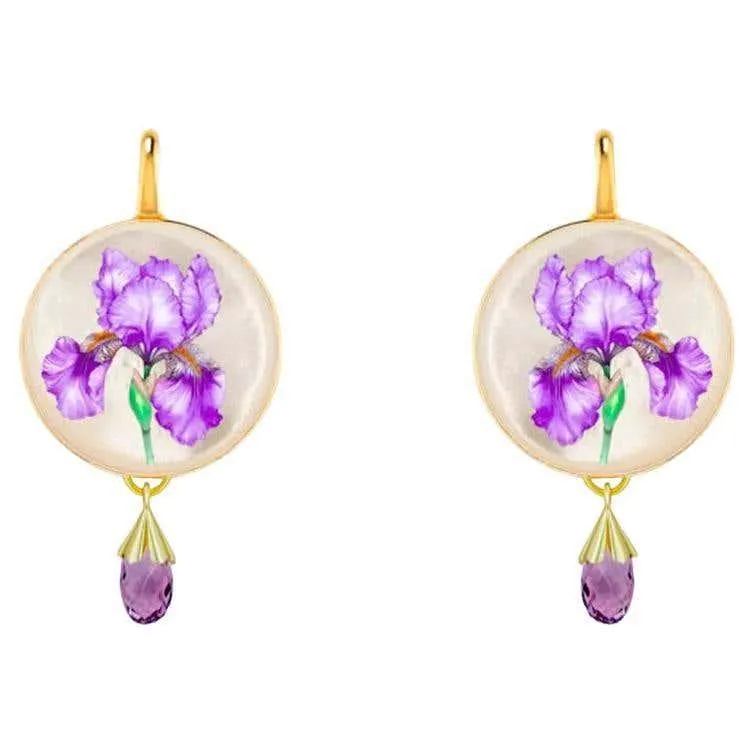 Purple Iris Flower Painted Mother of Pearl Drop Earrings with Amethyst Briolette