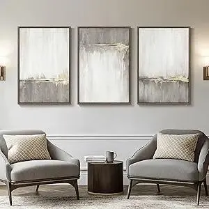 Large Framed Neutral Abstract Wall Art for Living Room, 3 Piece Gray Tan White Gold Canvas Prints, Modern Minimalist Grey Landscape Painting Artworks for Entryway Hallway Office Wall Decor, 24x36 In