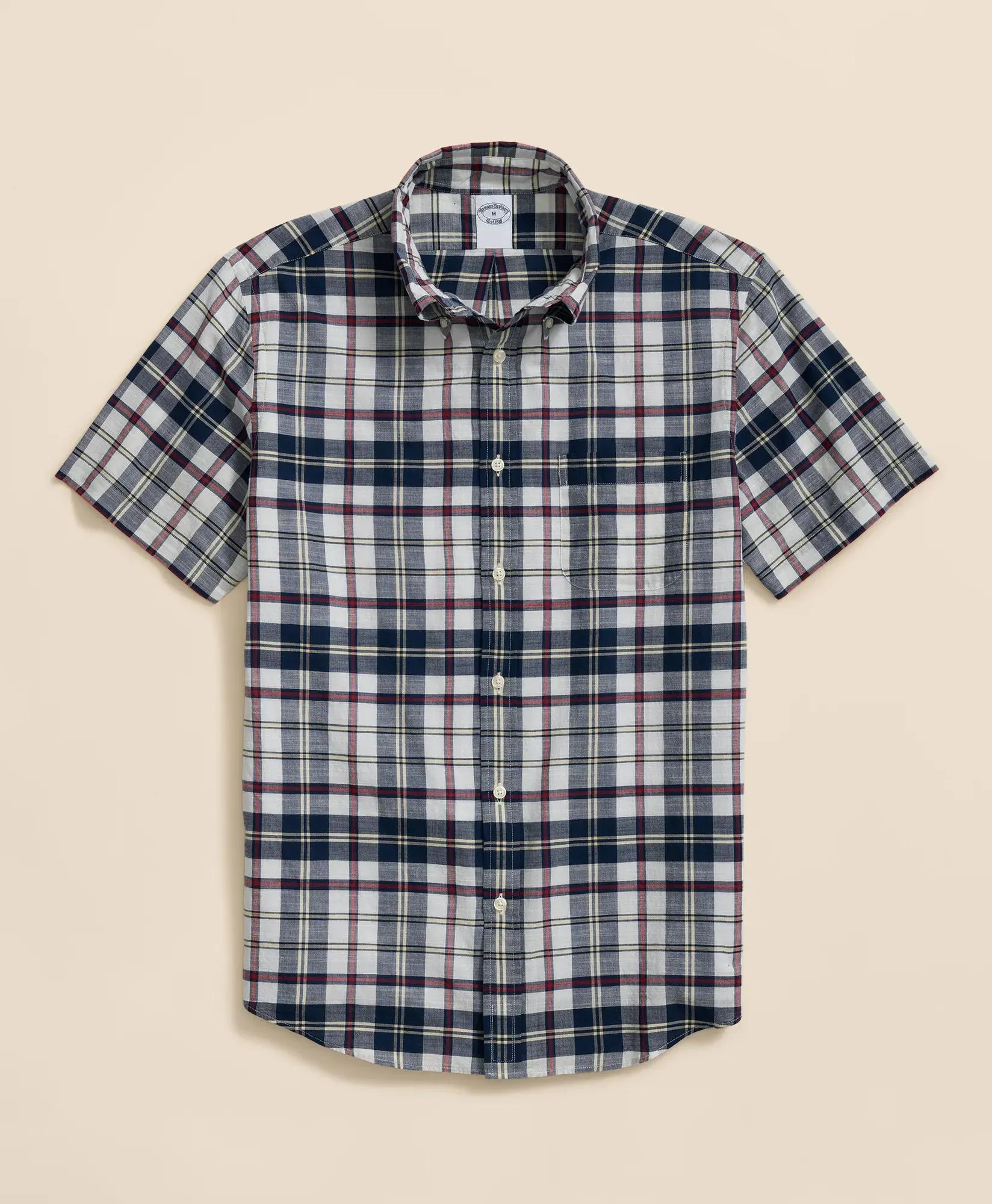 Washed Cotton Madras Polo Button-Down Collar, Short-Sleeve Shirt