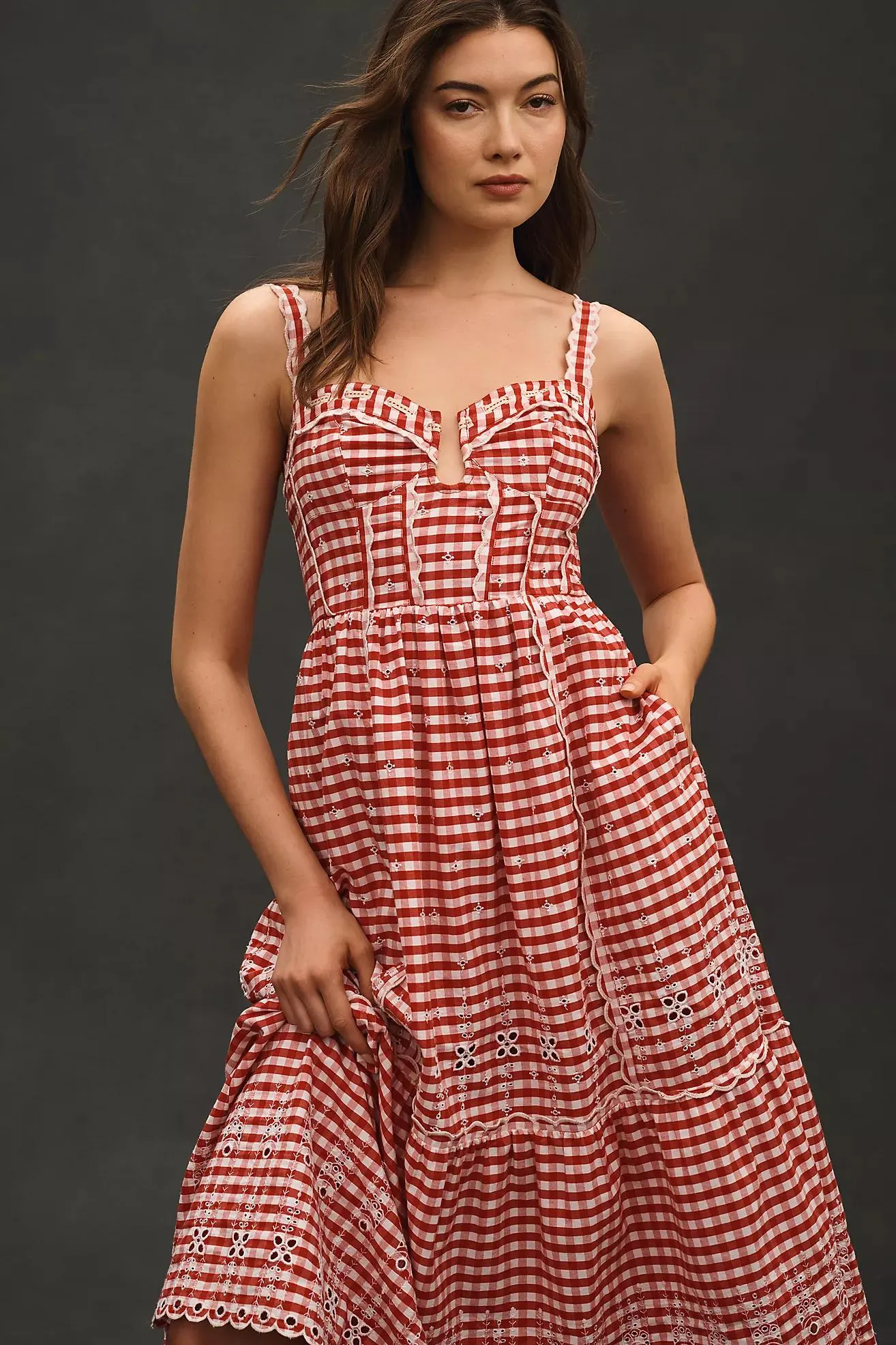 By Anthropologie Sleeveless Sweetheart Gingham Midi Dress