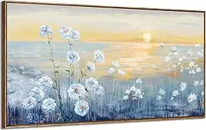 Framed Wall Art for Living Room Blue Ocean Beach Sunset Seascape Painting Abstract Coastal Flowers Canvas Print Seaside White Wildflowers Picture Sunrise Yellow Orange Sky Nature Landscape 24x48inch