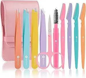 KINGMAS 10Pcs Tweezers Set for Women Facial Hair, Precision Tweezer for Eyebrows with Curved Scissor and Eyebrow Razor for Ingrown Hair with Case