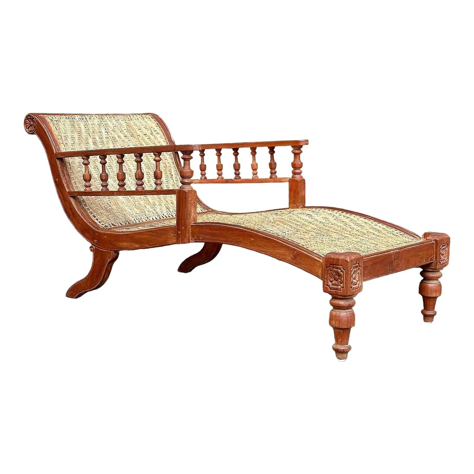 1980's British Colonial Style Wood and Rattan Chaise Lounge