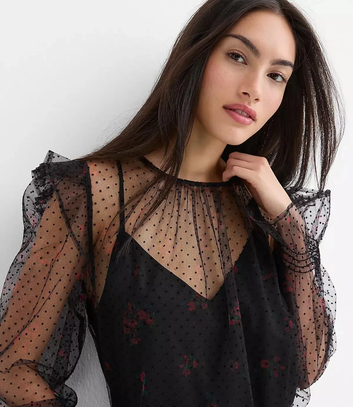 Velvet Dot Tulle Floral Cami Blouse