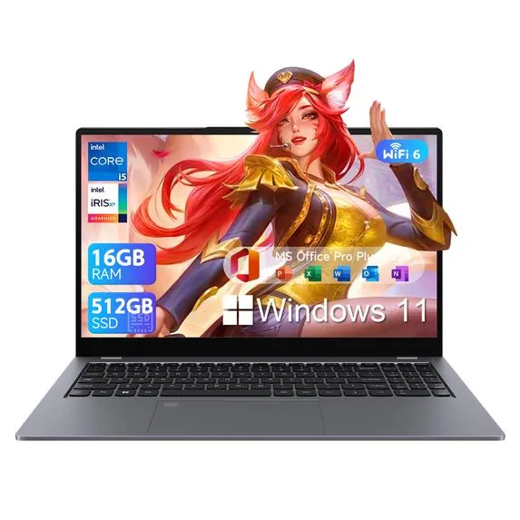 RNRUO 15.6" Windows 11 Laptop, Dual 16GB DDR4 512GB SSD, Intel Core i5 1240P, 12 Core Up 4.4GHz, Office 2024 Fingerprint Backlit KB WiFi 6 BT5.2, Laptop Computer for Business, Student, Light Gaming