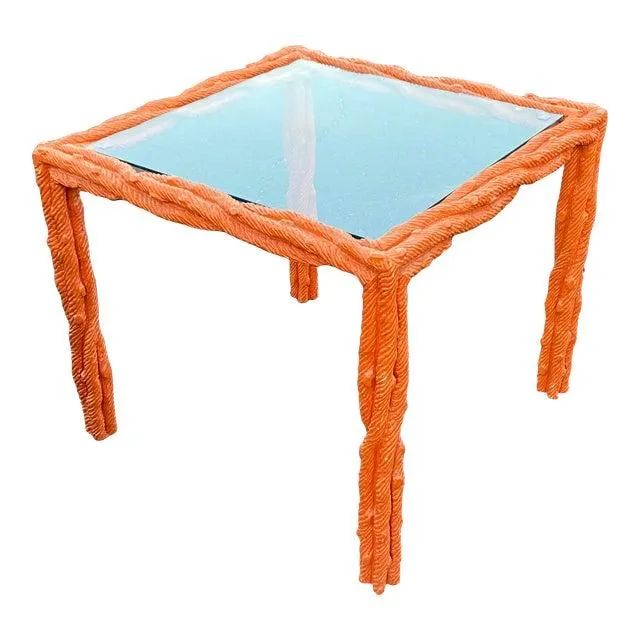 Vintage Orange Lacquered Carved Faux Bois Square Center or Side Table