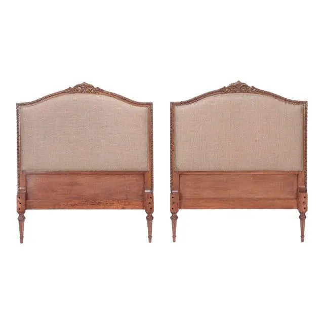 French Louis XVI Style Twin Beds Headboards in Burlap. Circa 1950. A Pair