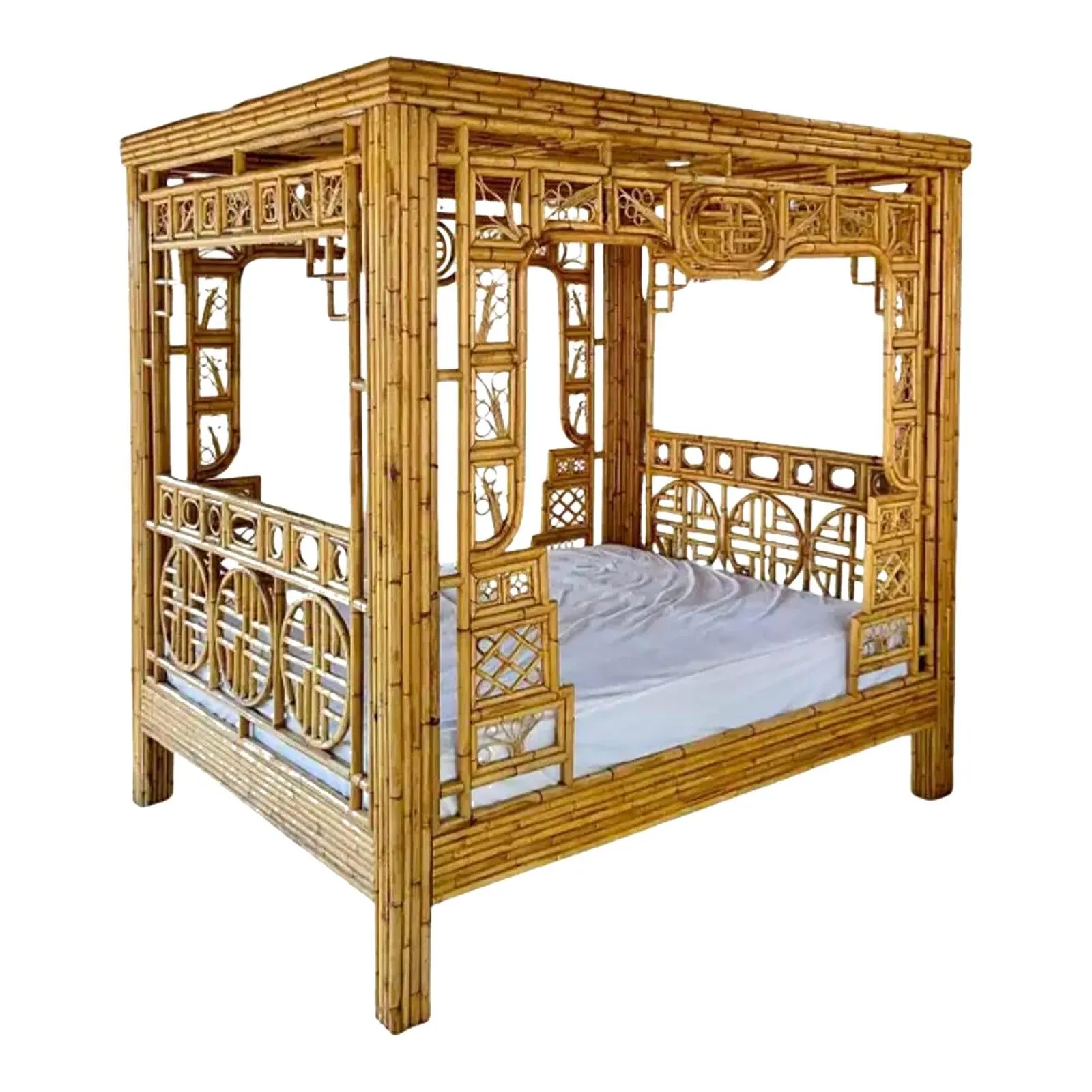 Chinese Chippendale Rattan and Bamboo Queen Canopy Bed, Palm Beach Style