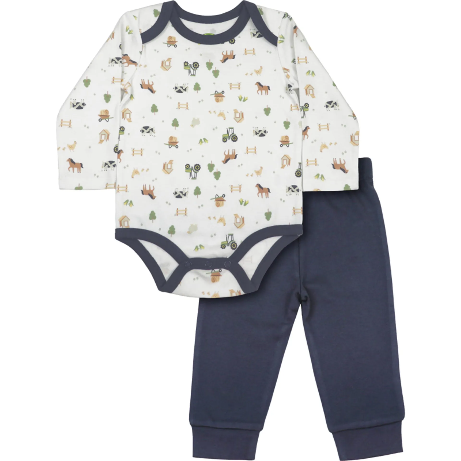 John Deere Infant Boys White Farmland Print Long Sleeve Onesie & Navy Pant Set