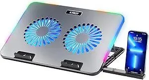 RGB Gaming Laptop Cooling Pad with Metal Panel, 2 Ultra Quiet Big Fans, 10 Lighting Modes, Phone Stand & 7 Height Adjustable Ergonomic Cooler for 10-15.6 Inch Laptops