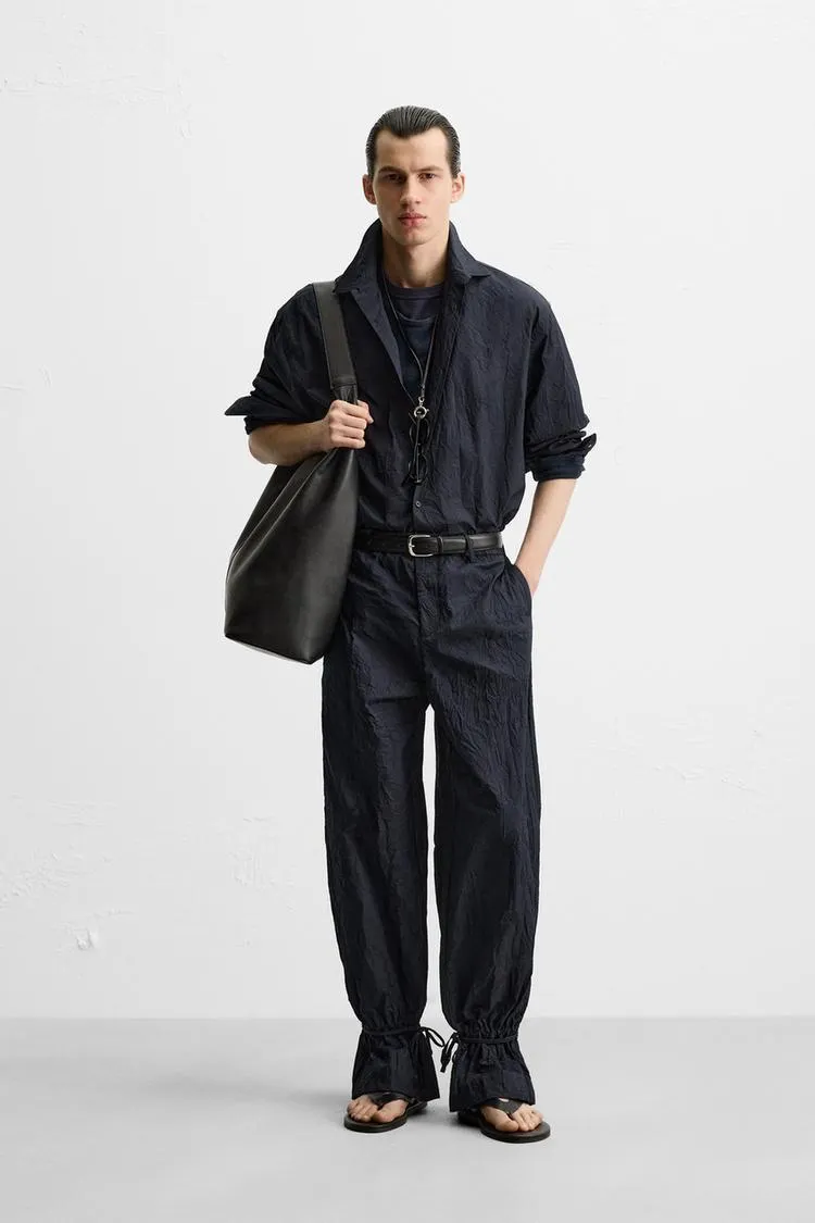 CRINKLED EFFECT COTTON PANTS