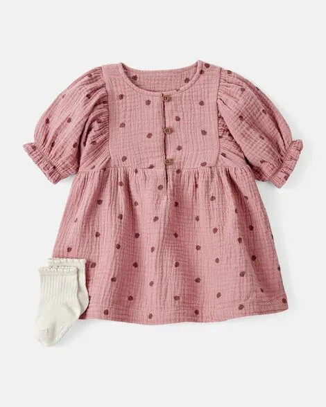 Baby Girl 2-Piece Acorn Print Short-Sleeve Dress Set - Pink