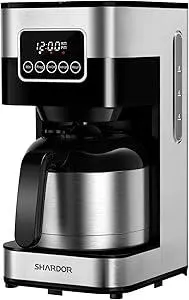 SHARDOR Programmable Coffee Maker with Thermal Carafe, Drip Coffee Machine with Timer, 8-Cup Coffee Pot with Pause & Serve, Regular & Strong Brew, Auto Shut Off, Touch-Screen, Black & Stainless Steel