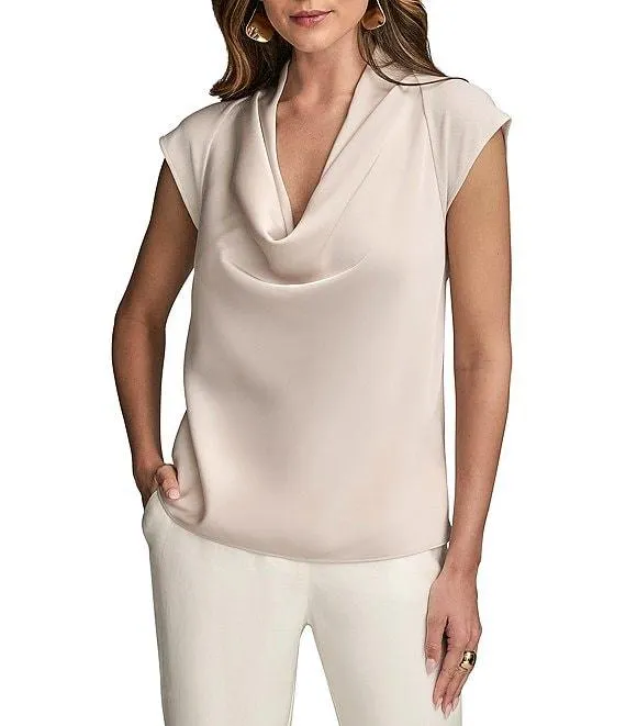 Mixed Media Cowl Neck Cap Sleeve Top