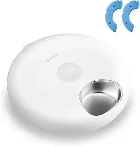 Automatic Cat Feeder for Wet Food, 6 Meals Cat Food Dispenser with 2 Ice Packs, Programmable Timer, Rechargeable Cordless Auto Pet Feeder for Cats Small Dogs- Stainless Steel Food Tray, White