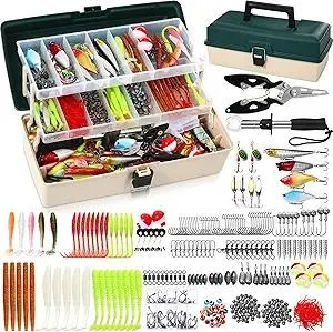 517 Pcs Large 3 Layers Tackle Box with Tackle Fishing Lures Kit Included Pliers, Fish Lip Gripper, Crankbait, Hooks, Other Accessories Fishing Bait Gear Kit for Men(Dark Green Milky White)