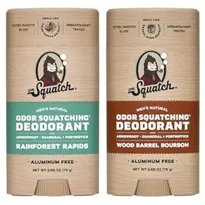 Dr. Squatch Natural Deodorant for Men - Odor-Squatching Aluminum Free - Rainforest Rapids & Wood Barrel Bourbon (2.65 oz, 2-Pack)