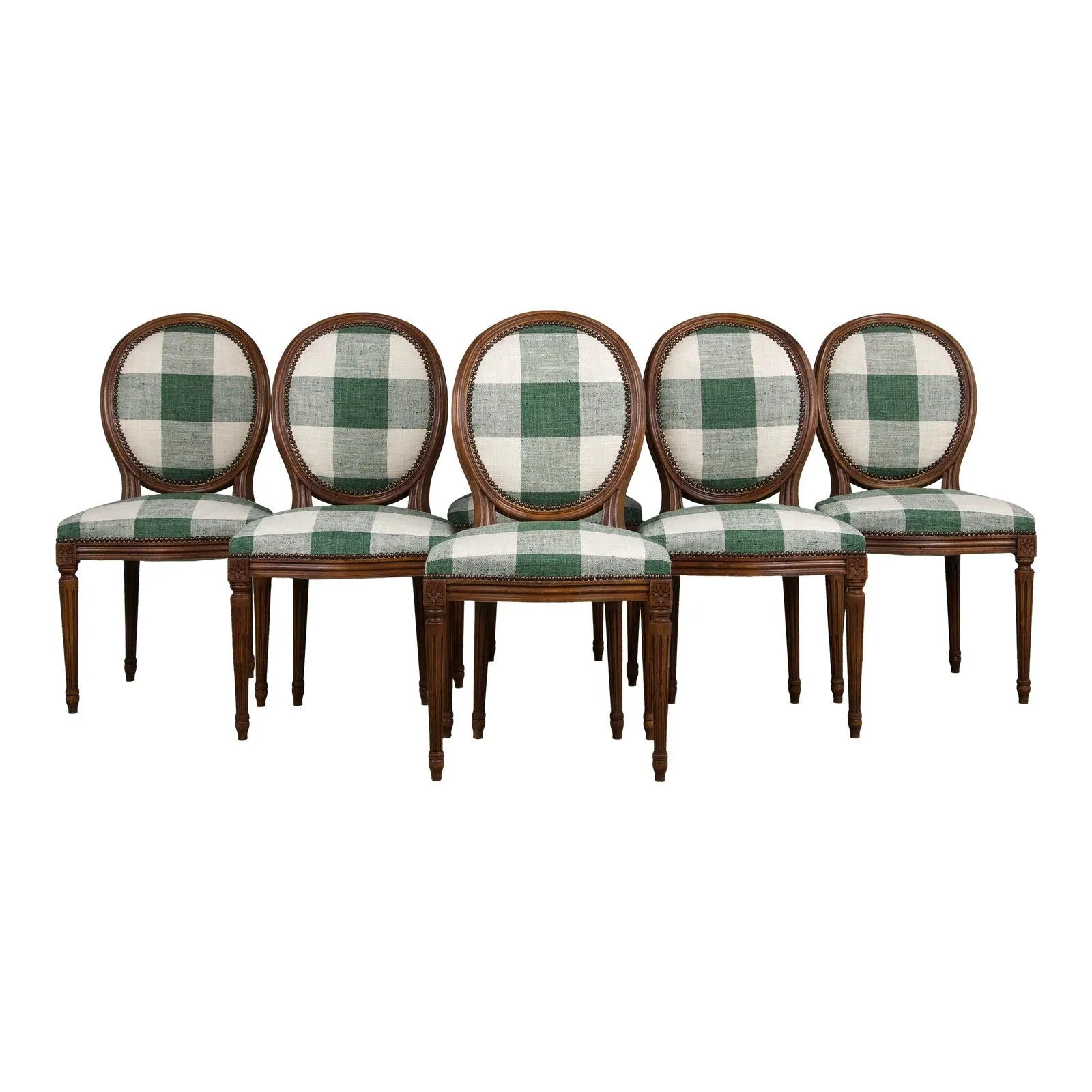 French Louis XVI Style Maple Dining Chairs W/ Green Plaid Fabric - Set of 6