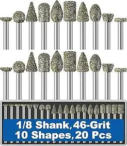 20Pcs 46-Grit Diamond Grinder Bit 1/8" Shank Compatible with Dremel Rotary Tool Attachment Accessories Grinding Burrs for Stone Glass Resin Porcelain Ceramic Quartz Glaze Steel Carve Engrave Polish