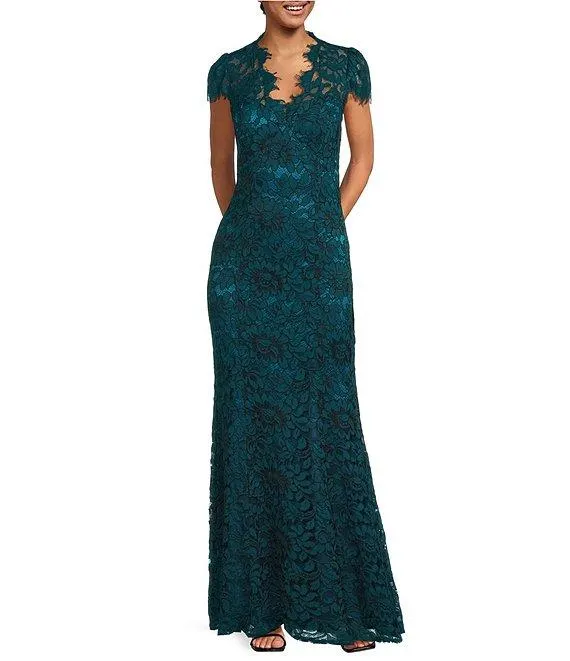 Illusion Lace Neck Cap Sleeve V-Neck Mermaid Gown